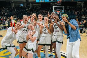 Collage of basketball players from a sports team celebrating and cheering during multiple game moments.