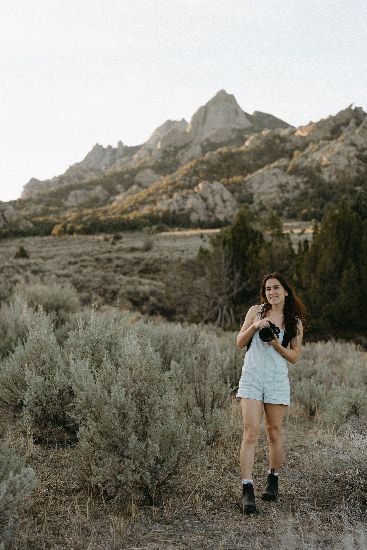 Scenic views of rugged mountain terrain with sagebrush and desert vegetation in natural lighting across multiple angles.