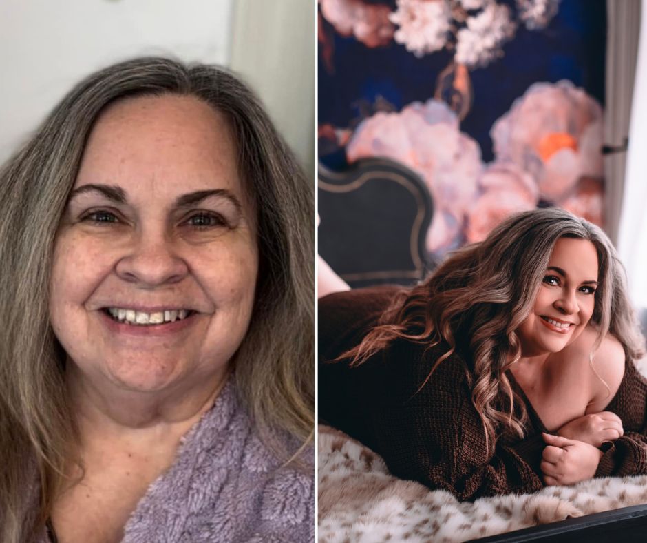 Before and after image of a woman at a boudoir studio before and after she has her makeup and hair done.