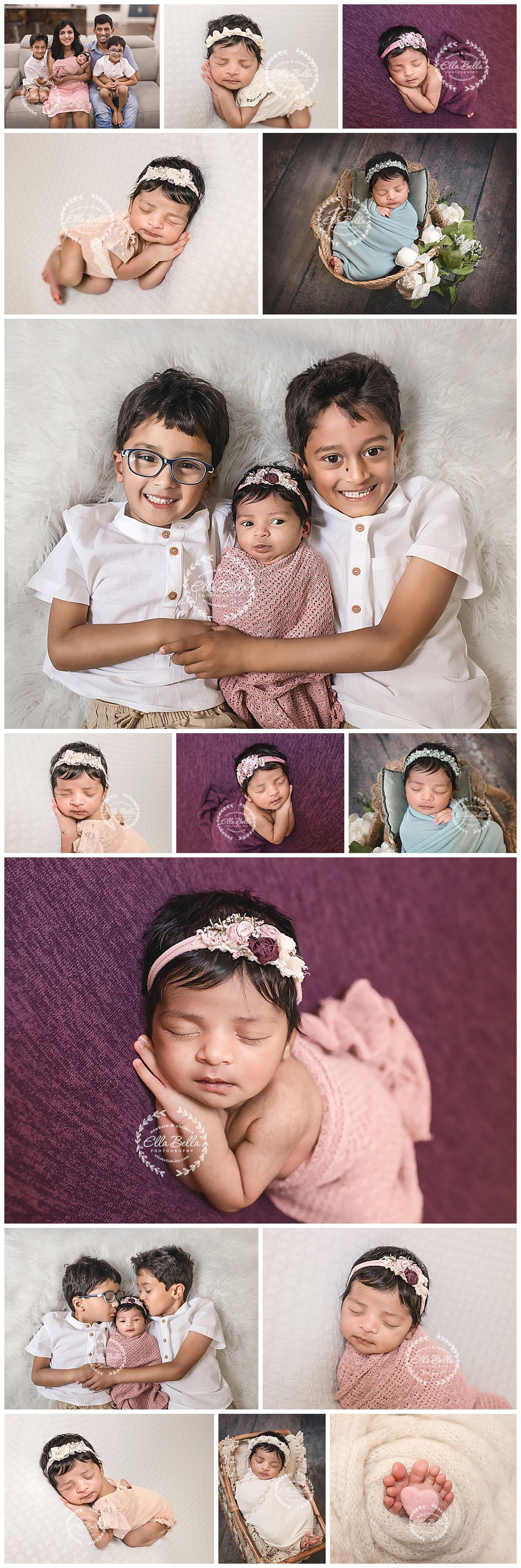 A photography collage featuring siblings posing together and a sleeping newborn on purple fabric with floral accessories.