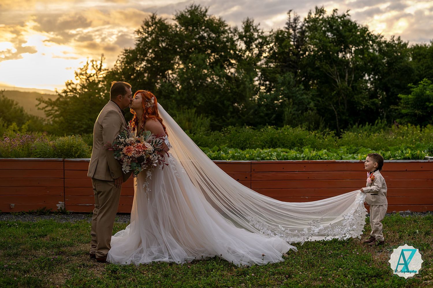Romantic outdoor wedding photos at sunset with couple in formal attire against a natural backdrop.