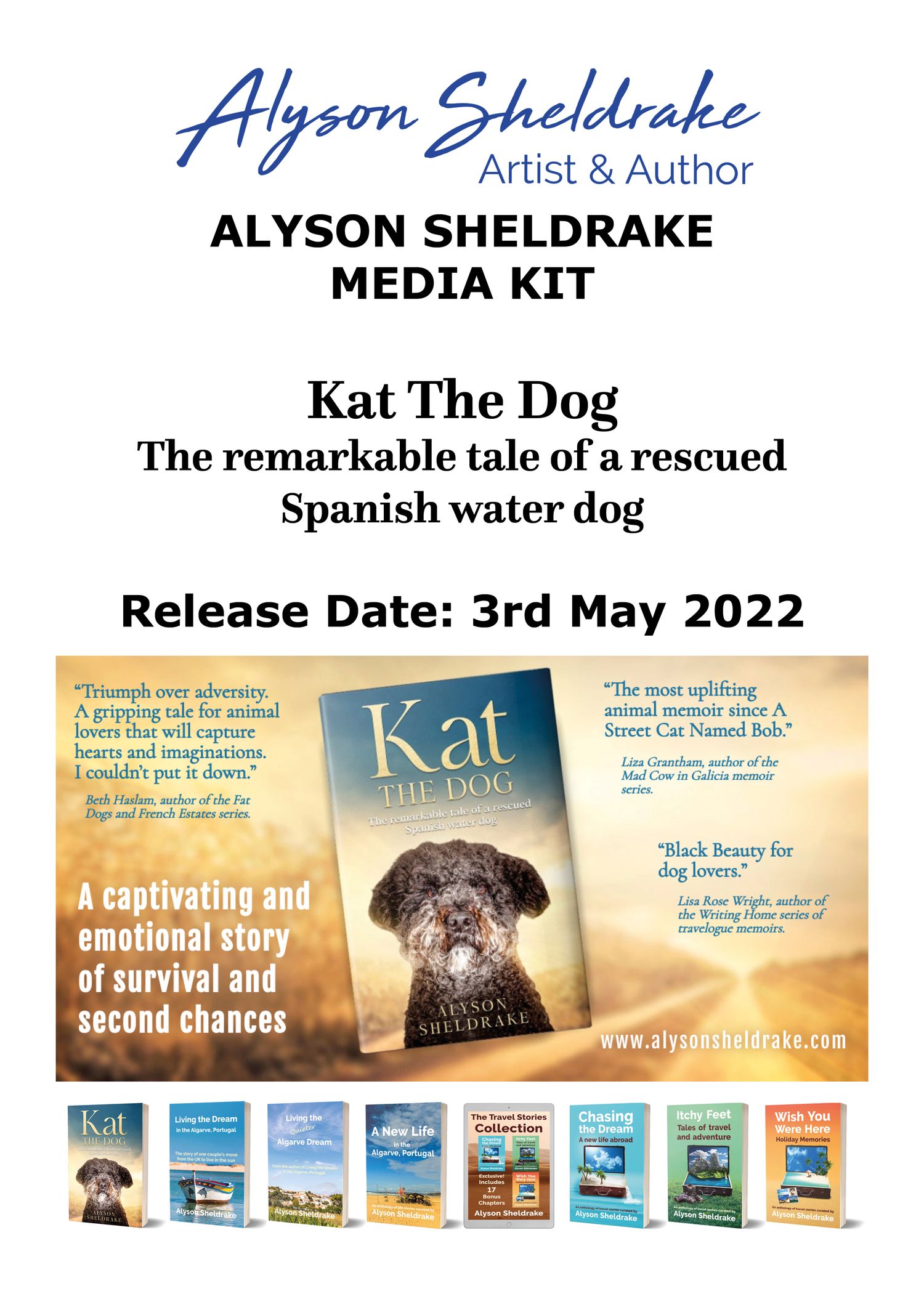 Alyson Sheldrake media kit for Kat The Dog, a rescued Spanish water dog story.
