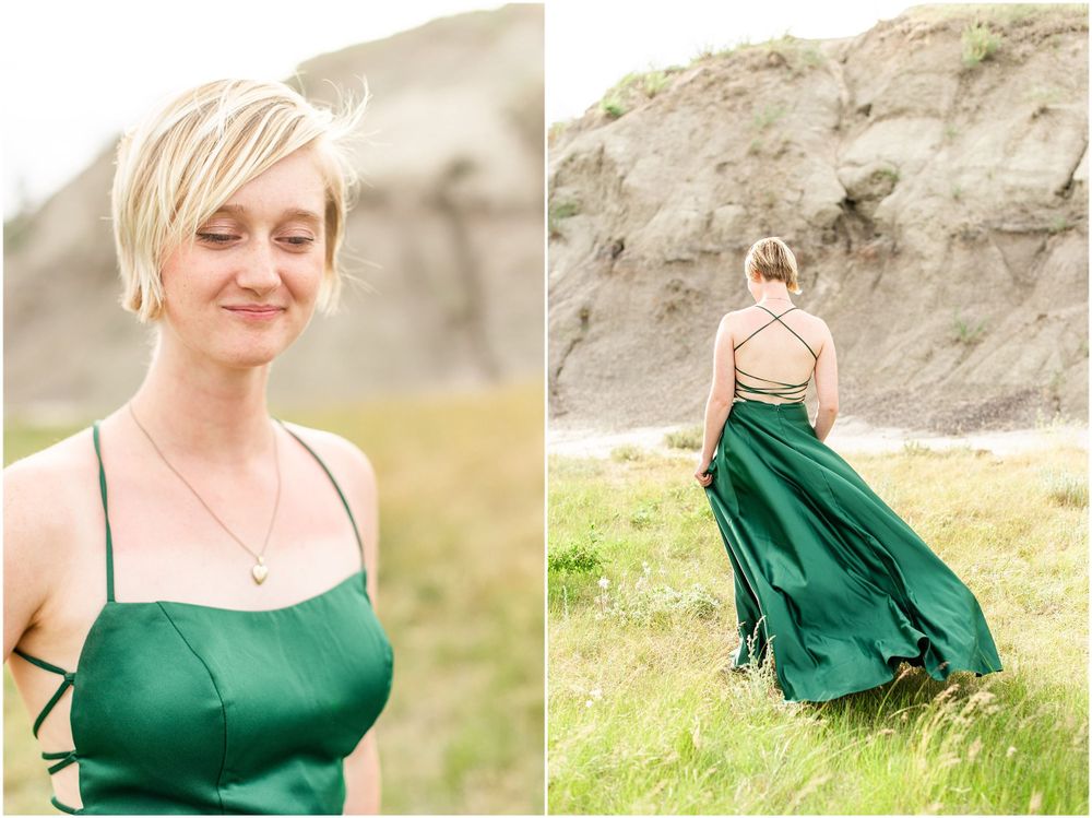 Dramatic posed portraits in an emerald green gown against rugged cliffs and grassy terrain.