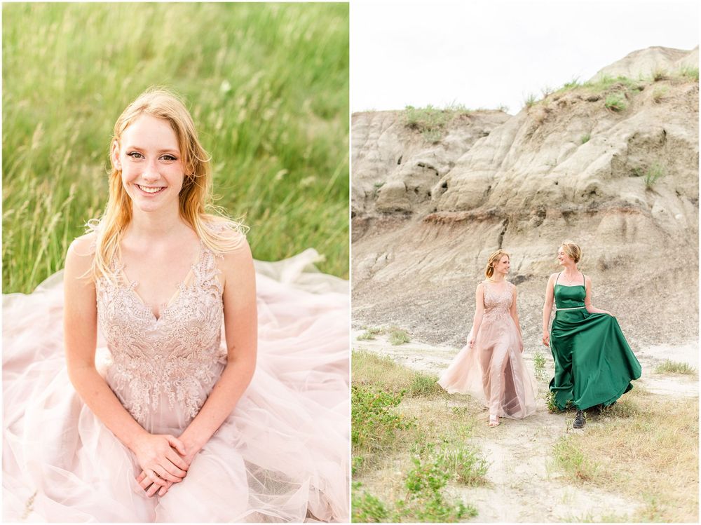 Side-by-side portraits in pink and green gowns with natural cliff background.