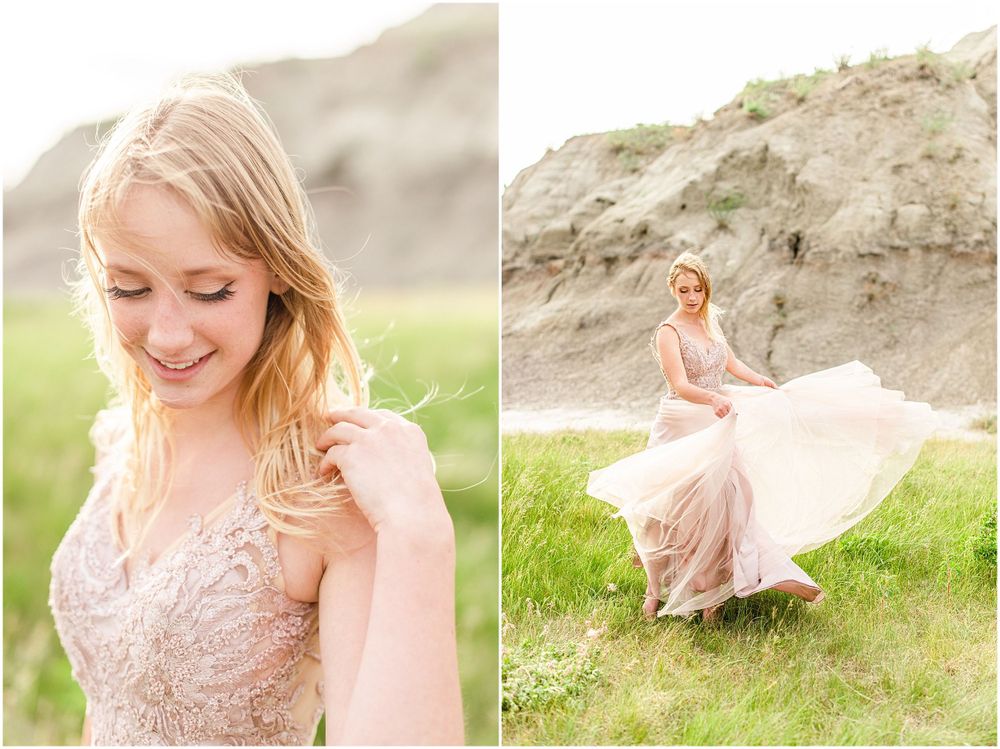Dreamy portraits in a blush gown with delicate details against natural landscape.
