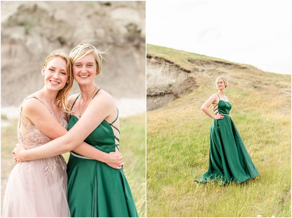 Two formal dresses in pink and green captured against scenic rocky terrain.