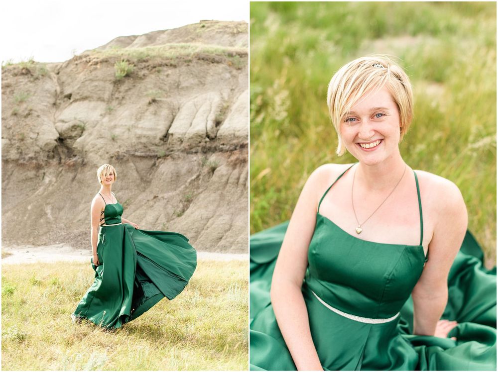 A flowing emerald green dress twirls against rocky cliffs in two dramatic poses.