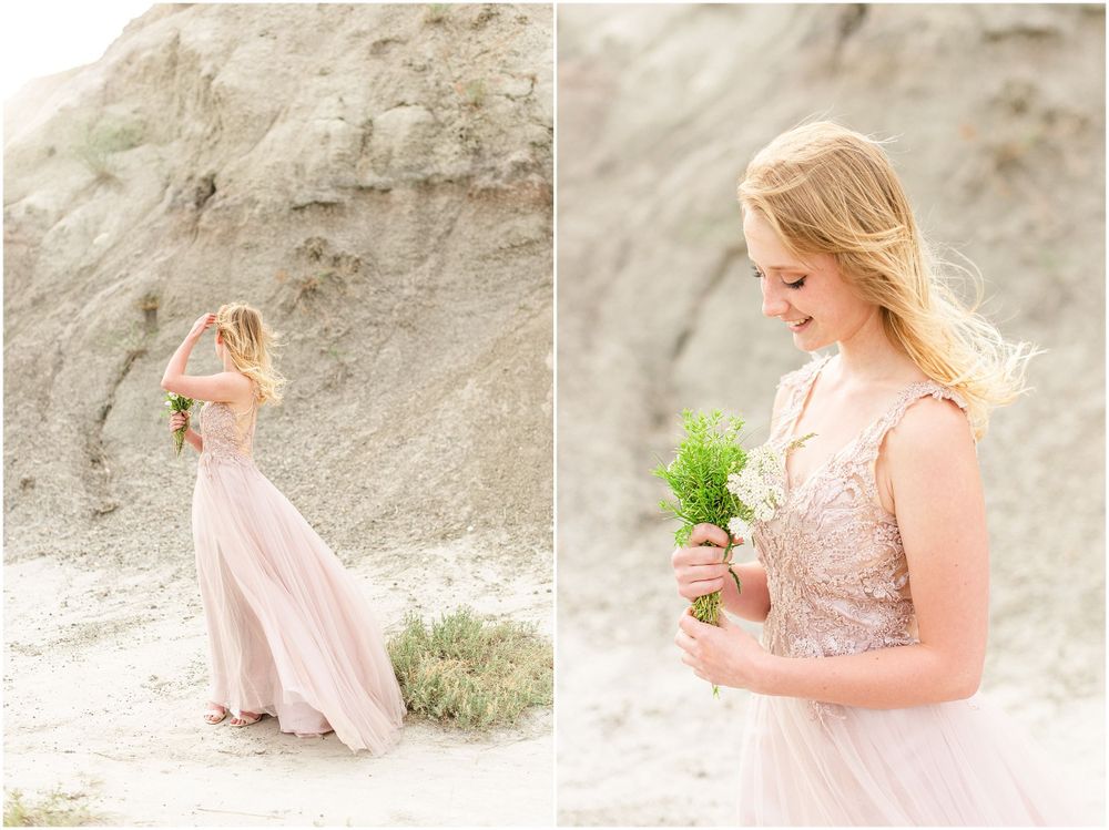 Side-by-side photos showing dancers in pink dress against natural stone backdrop.