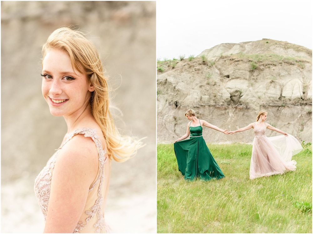 Split image of formal portrait and distant dancers in flowing dresses.