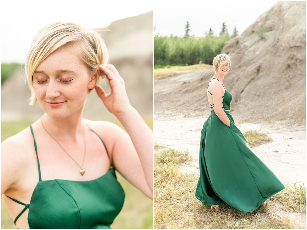 Split image showing elegant poses in emerald green formal dress.