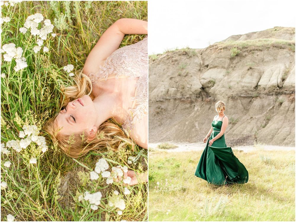 Split image showing wildflowers and a twirling green dress against rocky cliffs.