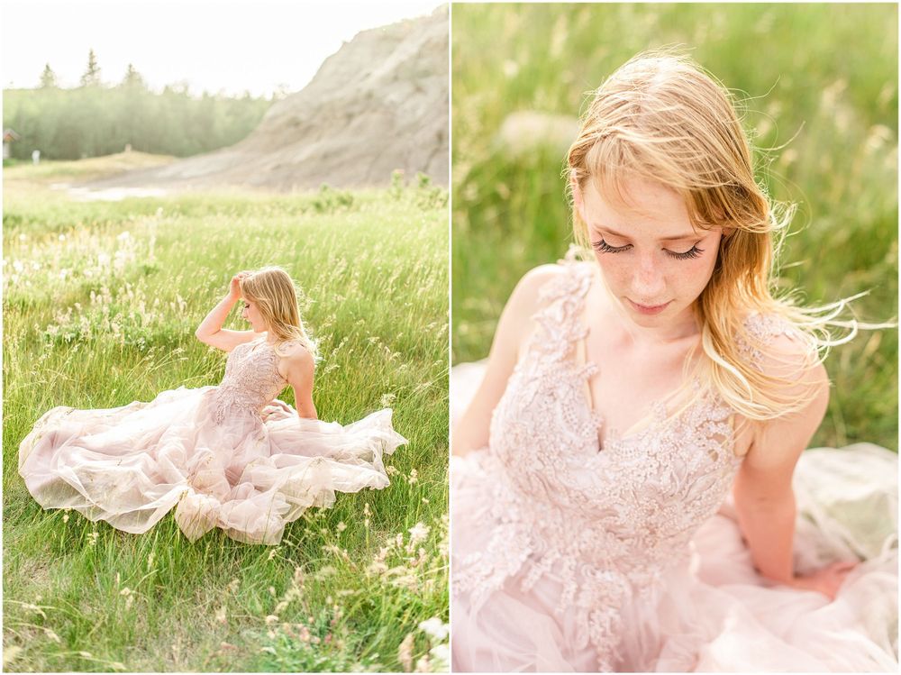 Dual view of romantic pink gown in golden evening light by cliff formations.