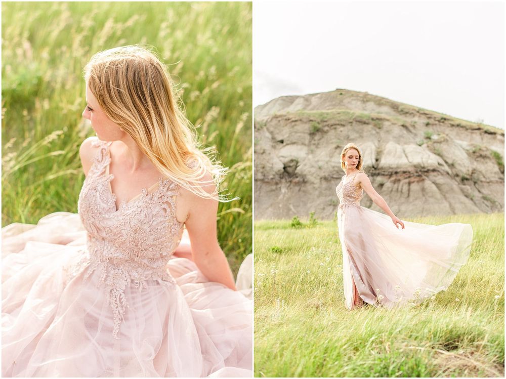 Side-by-side views of flowing pink gown against natural rock formations.