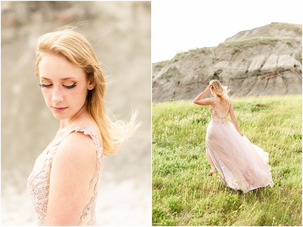 Split image showing close up portrait and dancing figure in pink dress against grassy hill.