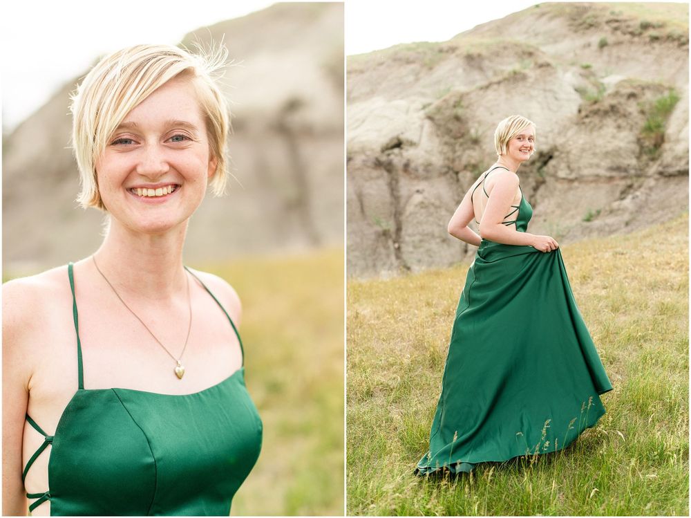 Split portrait showing joyful pose in emerald gown against natural backdrop.