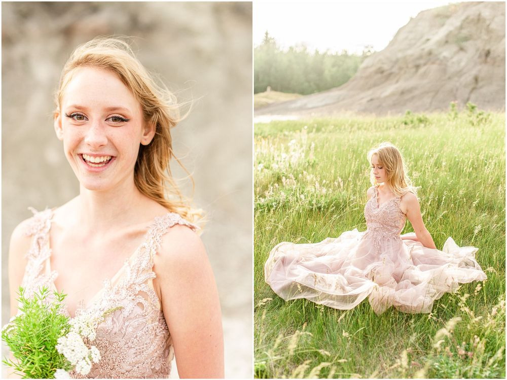 Portrait style photos of a person in pink dress against natural outdoor scenery.