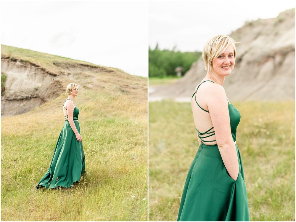 Side-by-side photos of a person in an elegant green dress posing near cliff formations.