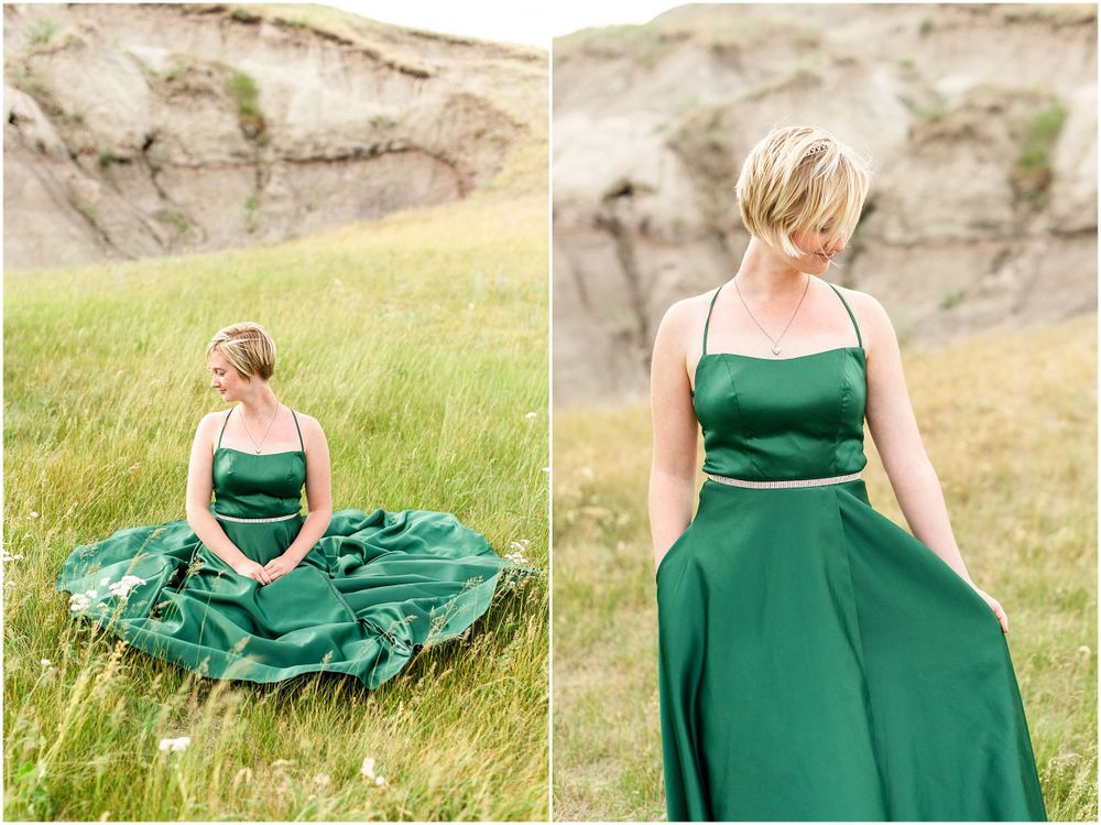 Two photos of a person in emerald dress sitting and standing in natural grassland setting.