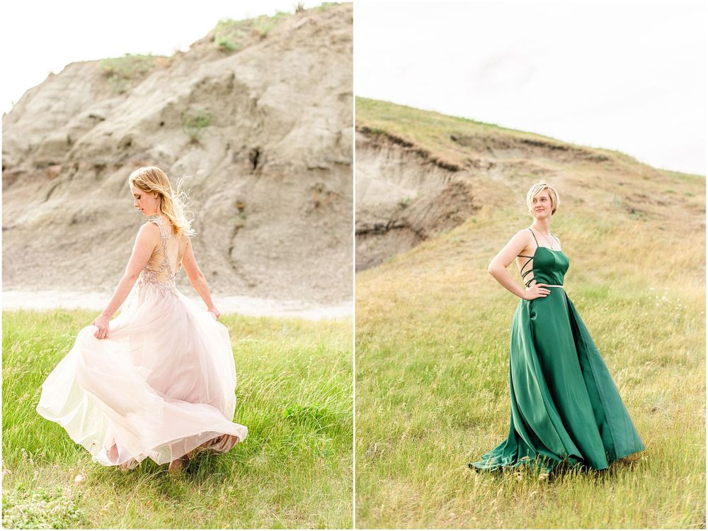 Two elegant dresses flowing in the wind against a rocky hillside landscape in pink and emerald green.