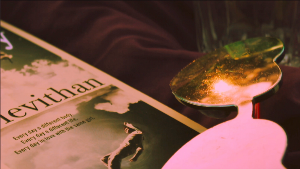 A Leviathan book cover with a glowing spoon in pink lighting.