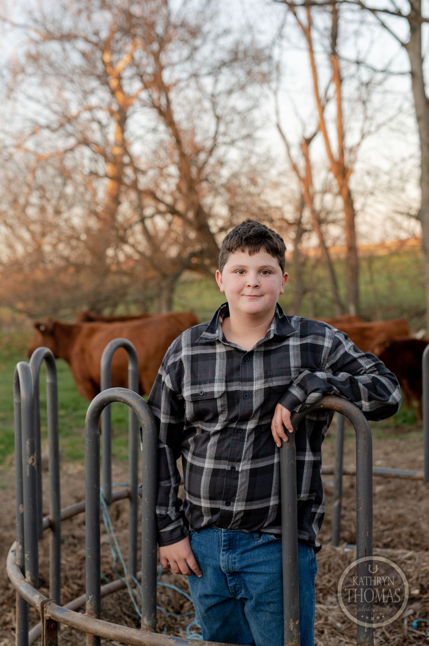 Young person in plaid shirt stands by metal cattle barriers with brown cows visible in background.