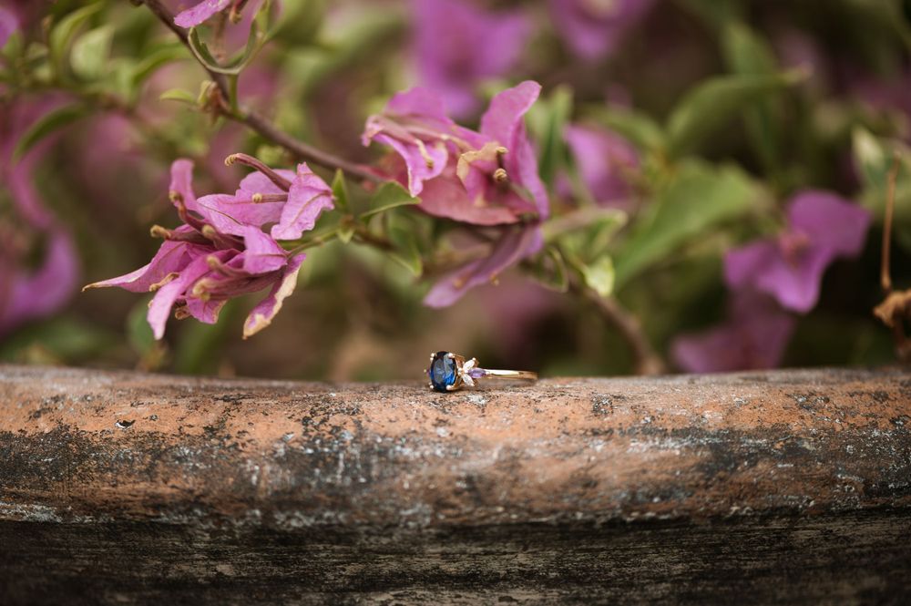 An engagement ring photographed on a rustic log with pink flowers in the background.
