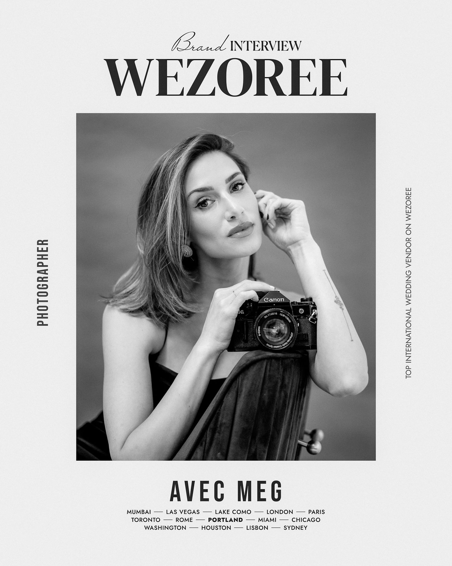 Black and white magazine cover photo showing a photographer in a sleeveless top posing thoughtfully with a vintage camera.