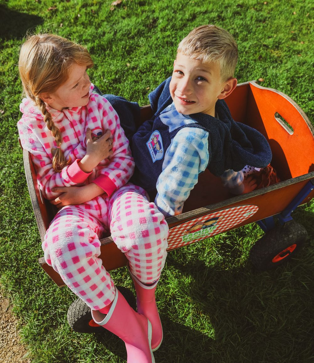 Two children in gingham onesies sitting together in orange wagon on grass.
