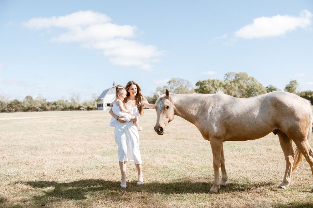 A couple embraces in a sunny field beside a palomino horse, with blue skies and green trees in the background.