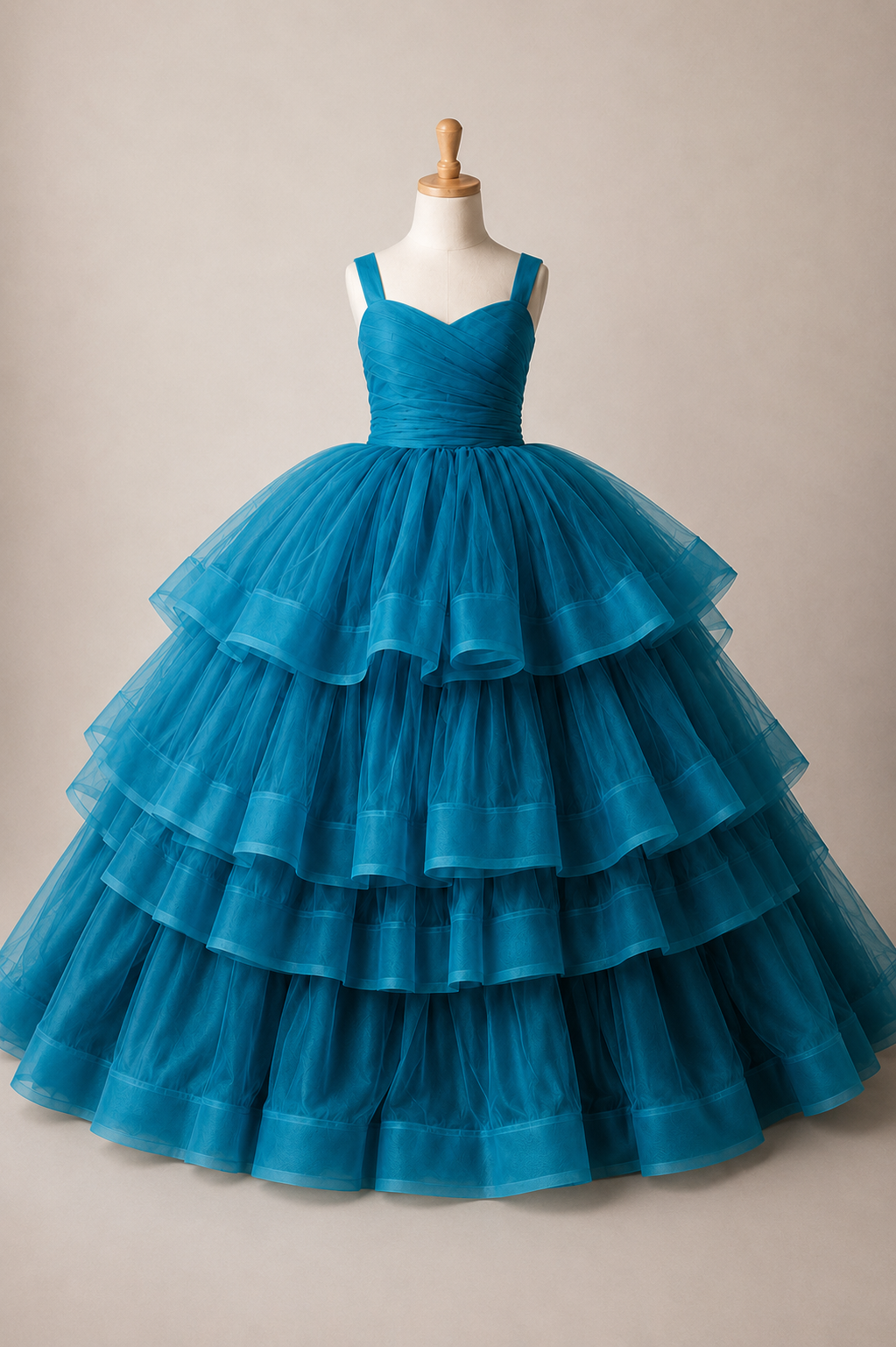 Dramatic portrait in flowing navy ball gown against dark atmospheric background.