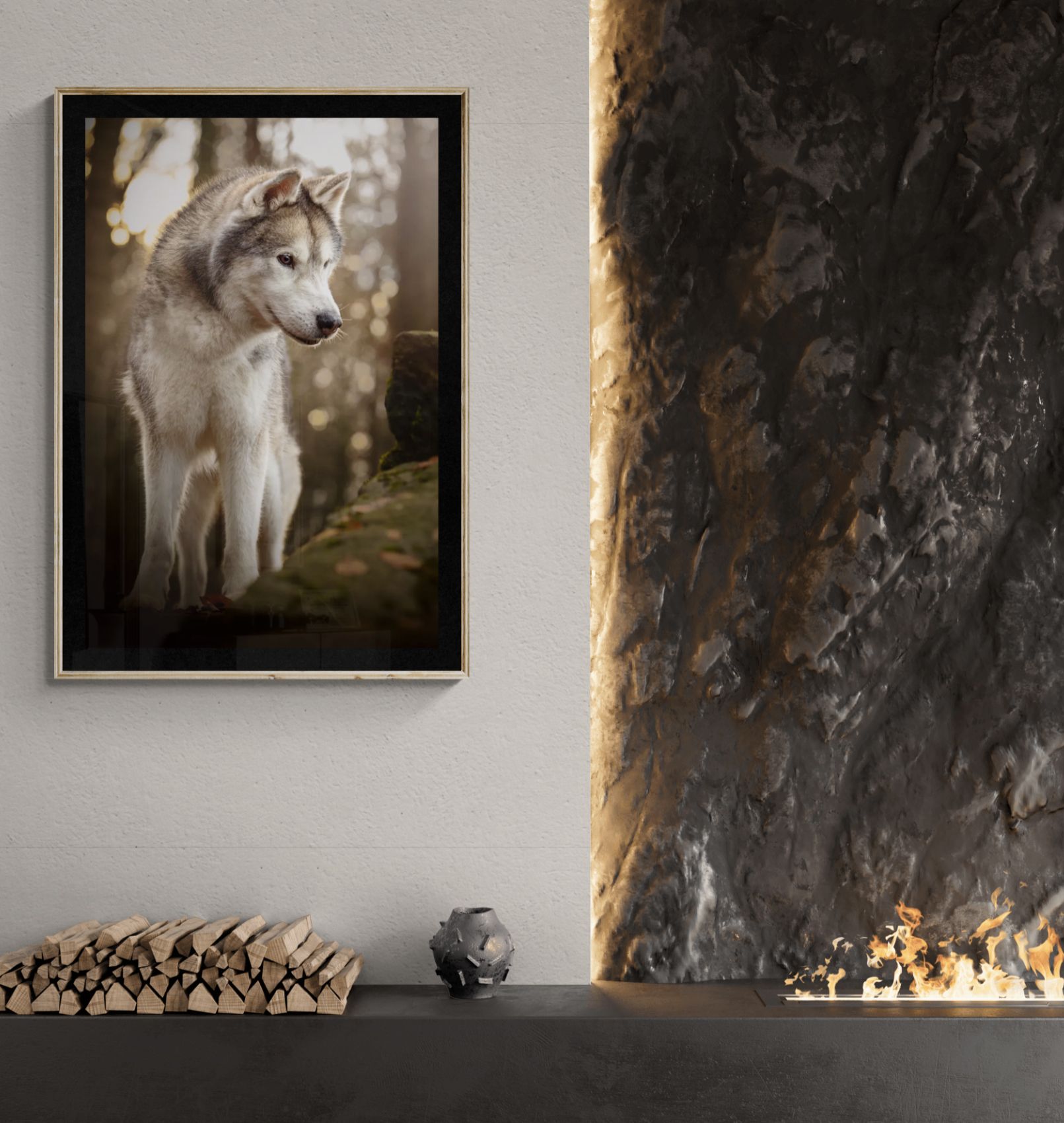 Husky in frame above fireplace