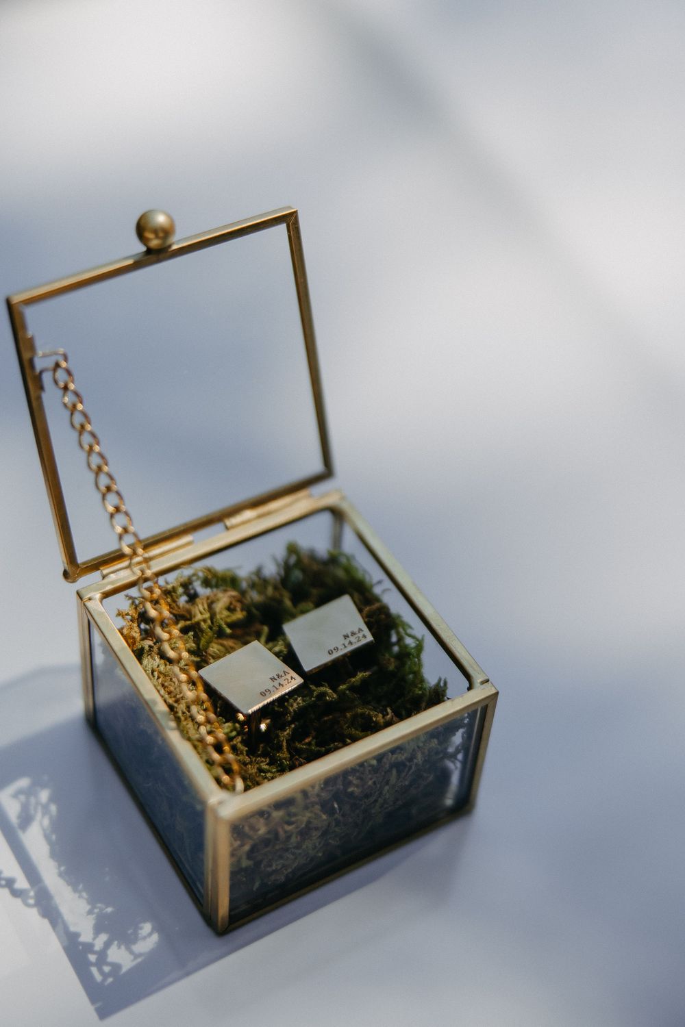 An elegant glass and gold jewelry box containing wedding rings nestled in decorative moss.