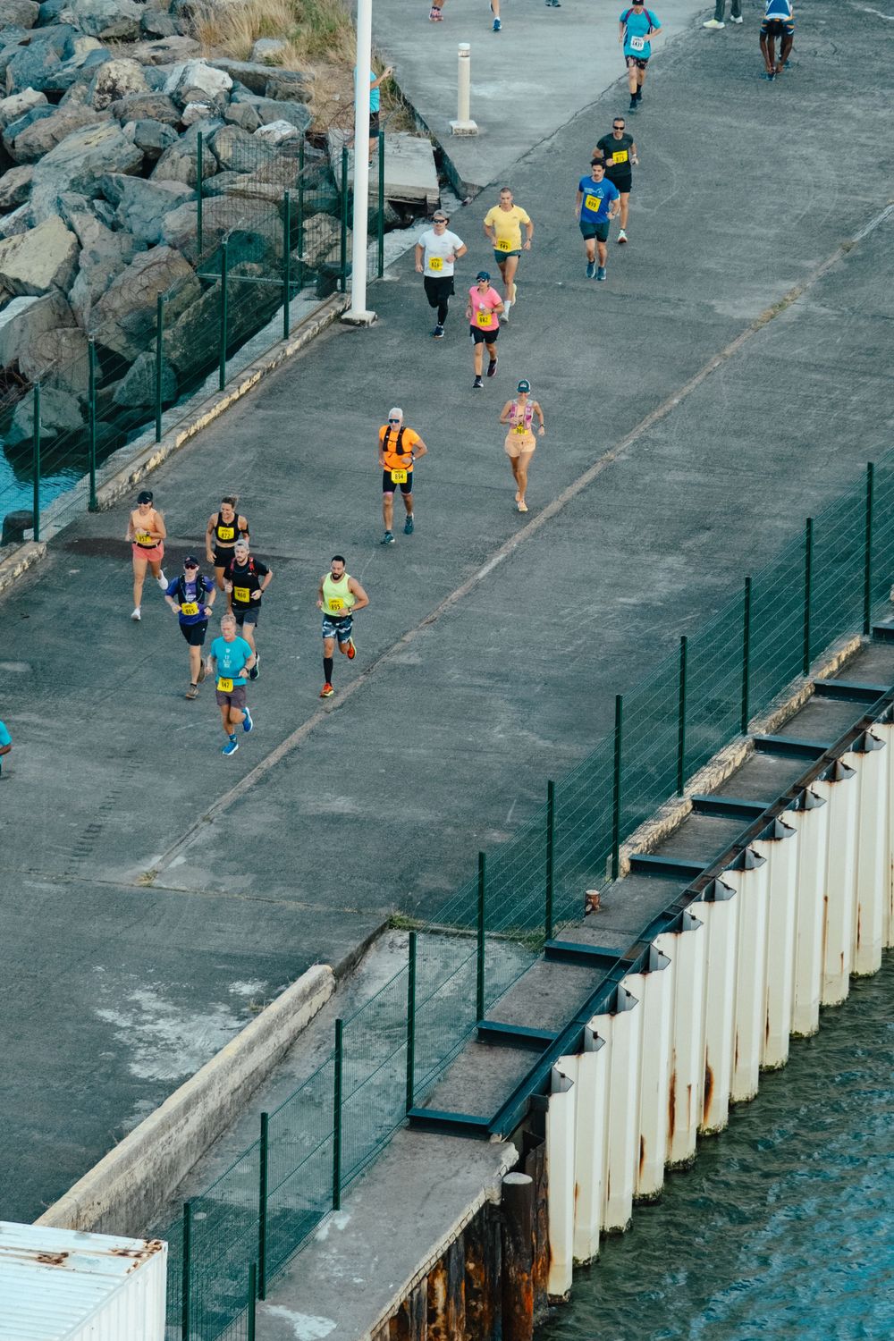 Athletic runners jogging together along a coastal pathway with rocky seawall and blue water visible.