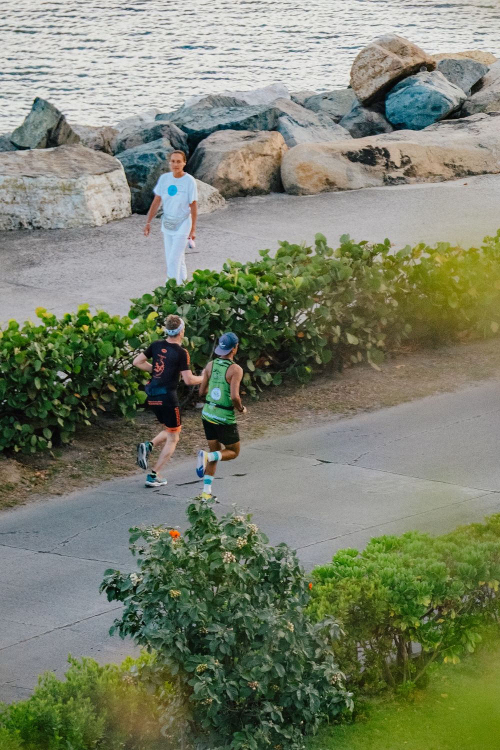 People jogging along a coastal pathway with large rocks and greenery on a sunny day.
