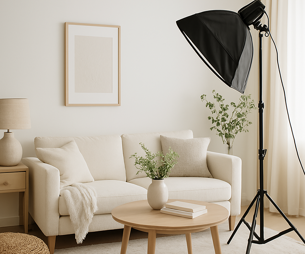 Modern beige living room interior with photography softbox light, empty frame, couch, and decorative plant arrangements.