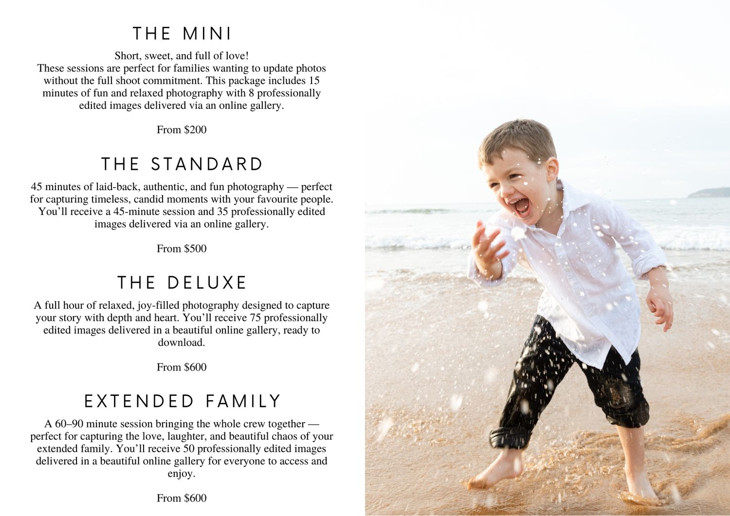 A beach photography pricing menu displays various package options next to a photo of a person joyfully running on sand.