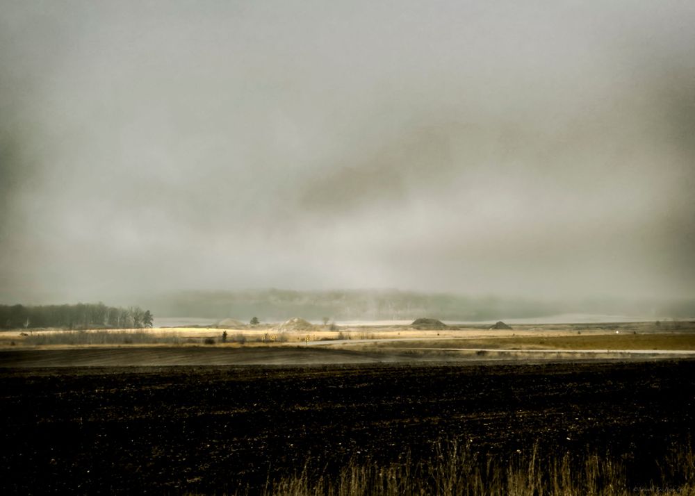 Misty agricultural fields stretch toward the horizon under an overcast sky.