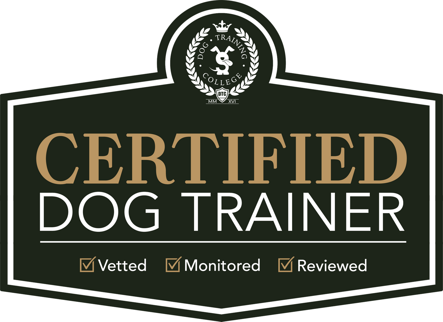 Professional certified dog trainer badge with green and black design featuring laurel wreath and checkmarks for credentials.