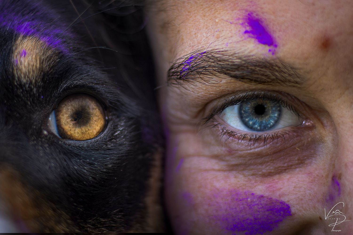 Close-up of eyes with purple paint splatter effect.