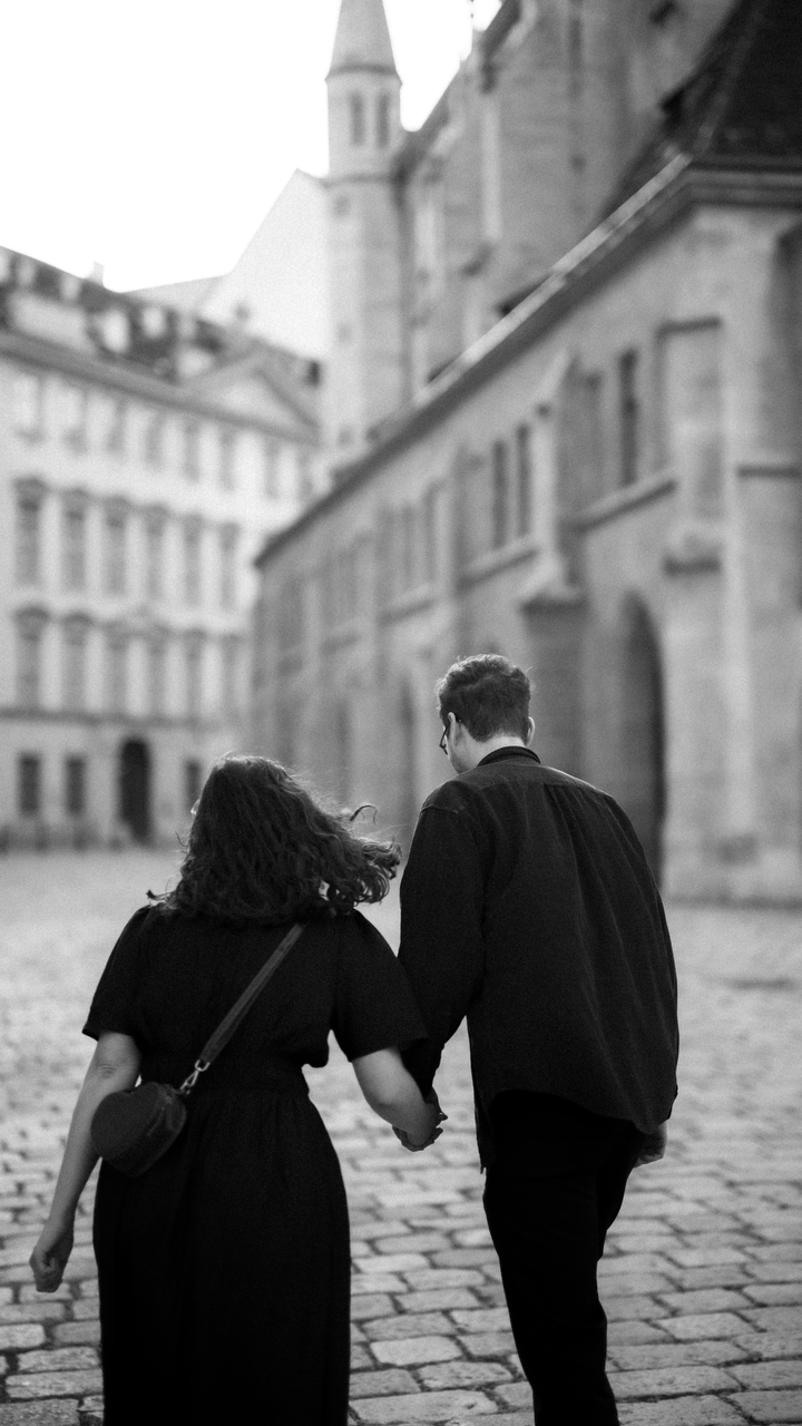 A couple walks hand in hand on cobblestone streets in a historic European city with church architecture in background.
