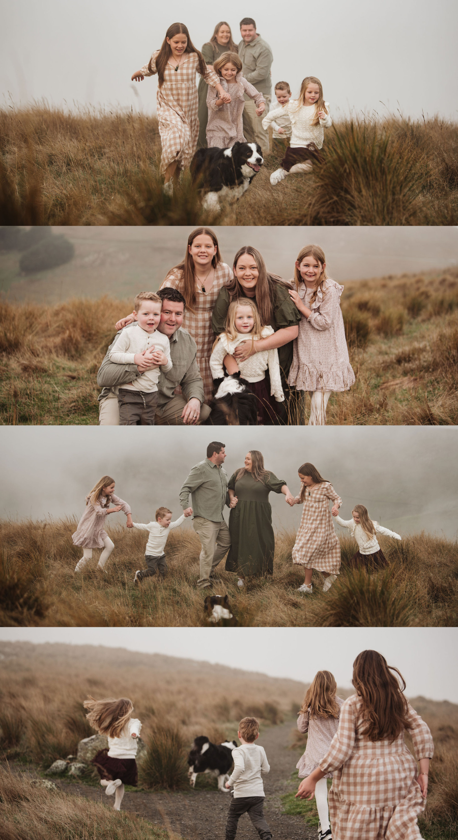 Family with children and dog enjoy playful moments on grassy hillside in moody outdoor photoshoot.