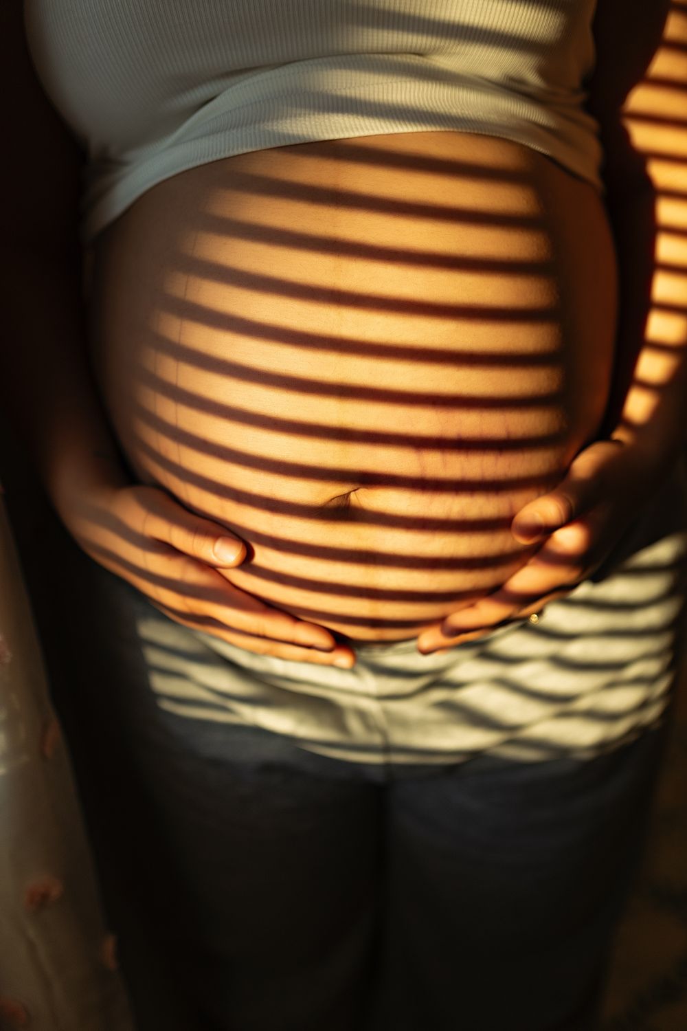 A pregnant belly with hands resting on it, illuminated by striped window light creating a dramatic shadow pattern.