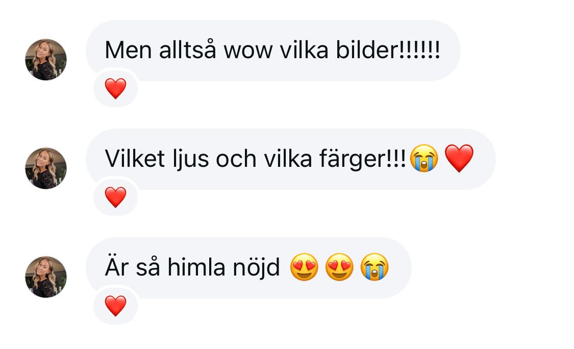 Skärmdump av fint omdöme från en kund som blev väldigt nöjd med sina bilder. Från chatten på Instagram.
