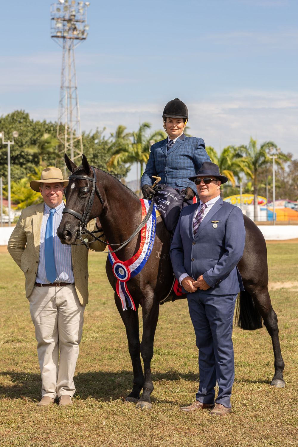 A black show horse wearing championship ribbons stands with handlers on a sunny equestrian field.