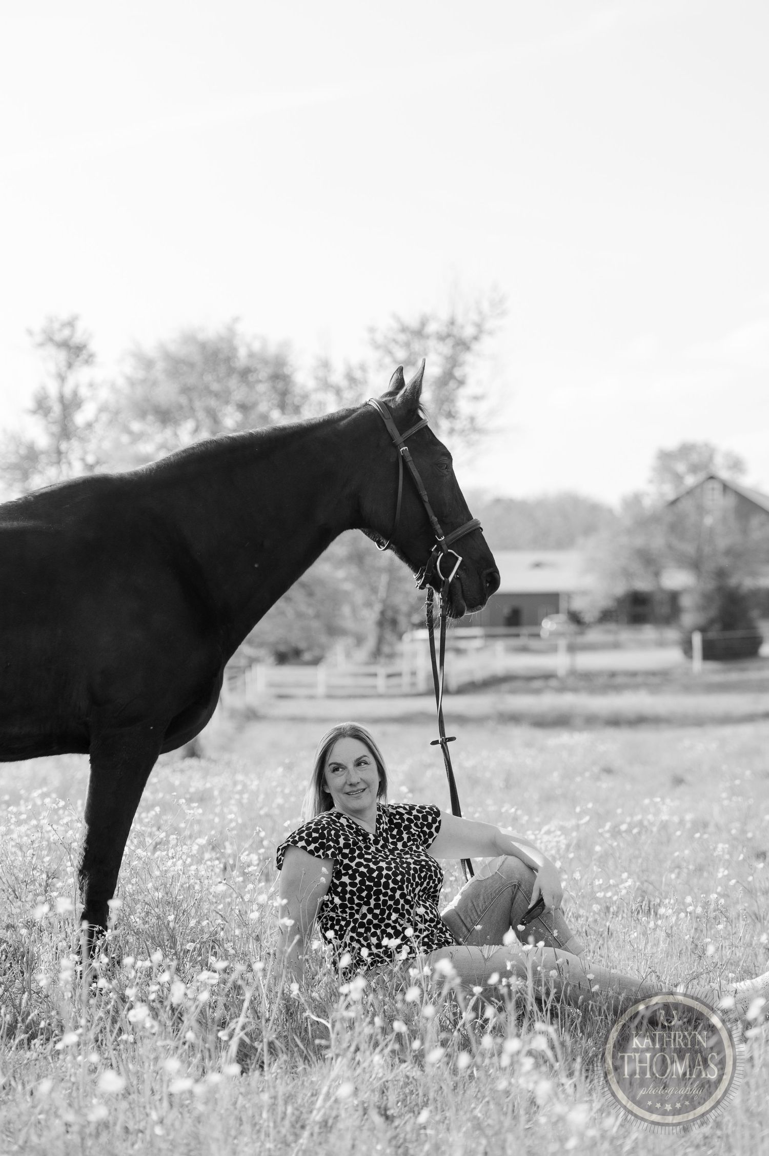 Black and white portrait of a majestic horse and companion sitting in a flowering meadow.