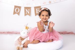 Baby wearing pink tutu dress and crown sits on white cushion with teddy bear and 'ONE' banner.
