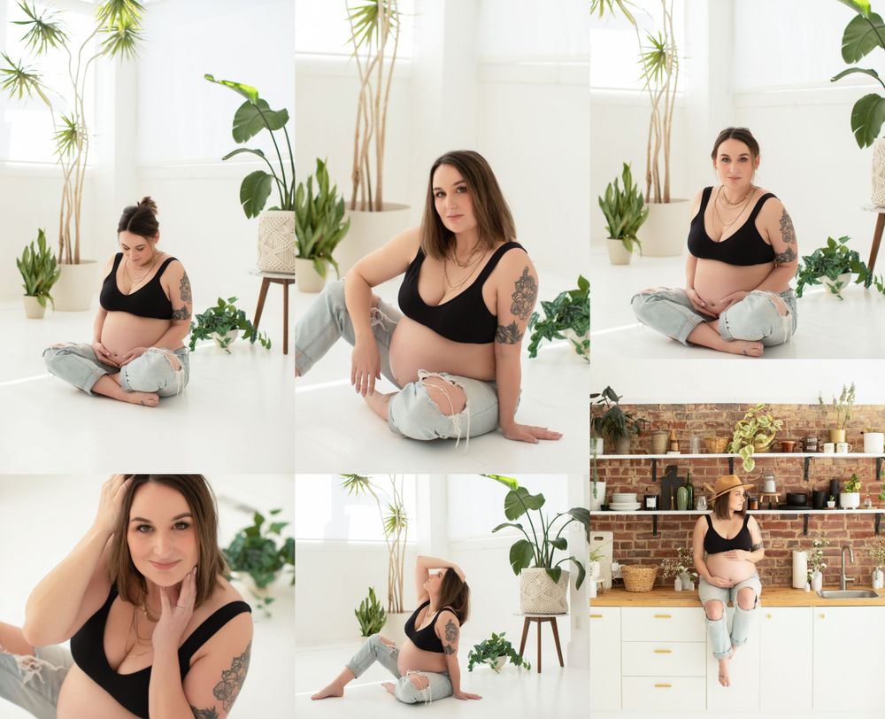 Various yoga and relaxation poses demonstrated in a bright studio with plants and natural lighting.
