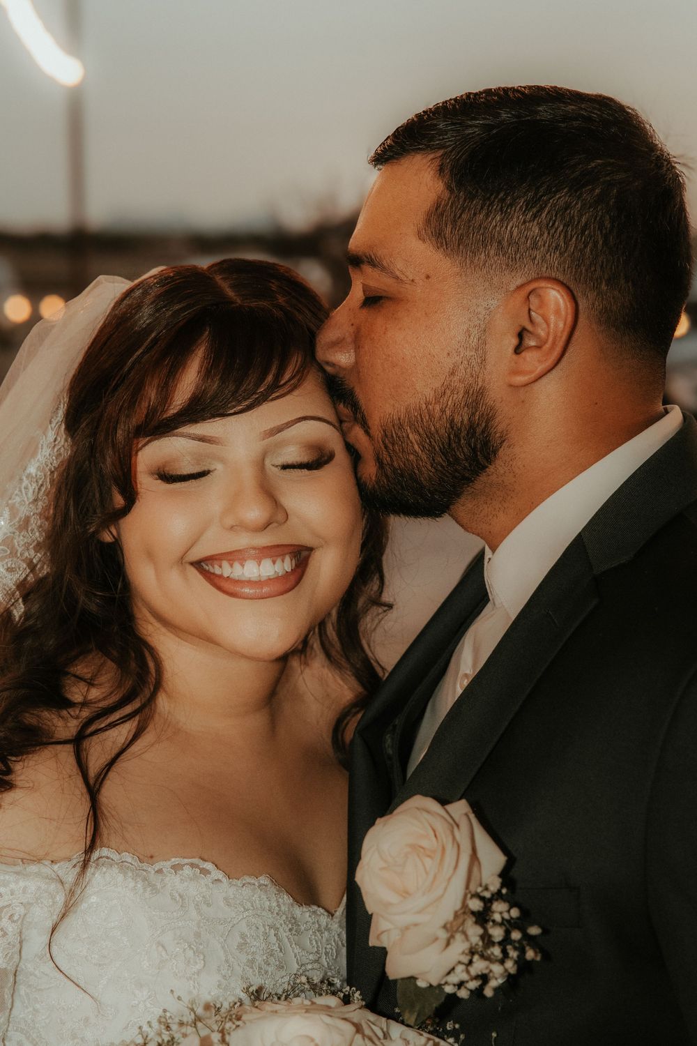 A romantic series of wedding photos showing tender moments between a bride and groom in soft lighting.