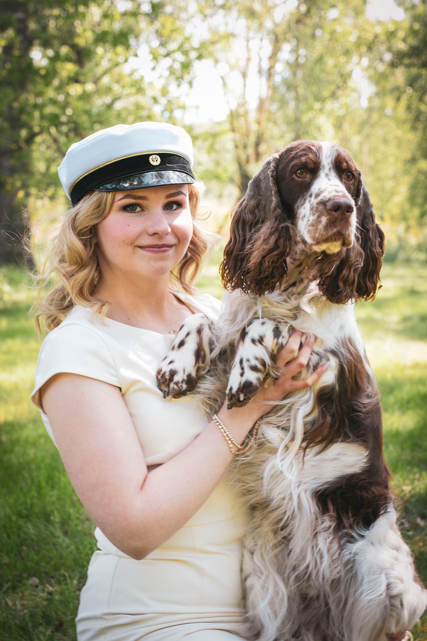 A English Springer Spaniel with brown and white fur being held in a sunny outdoor setting.