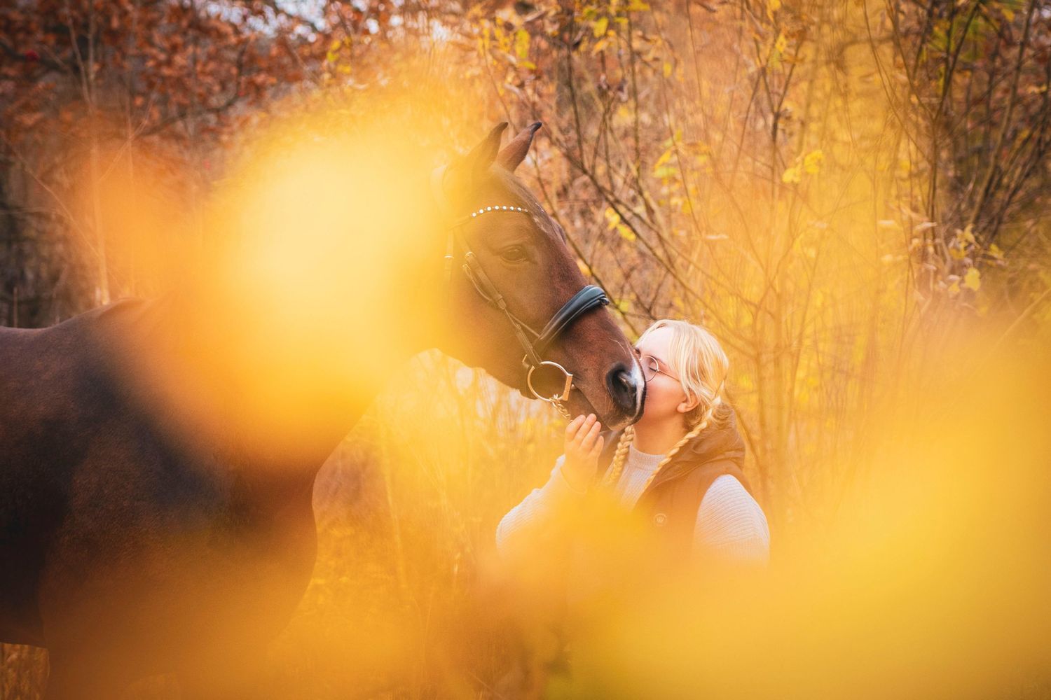 Artistic autumn photo with golden bokeh leaves in the foreground.